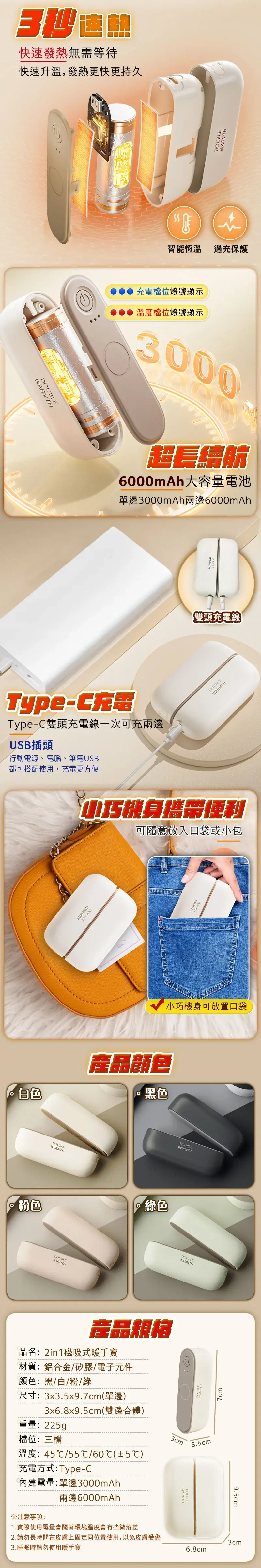 快速發熱無需等待快速升溫,發熱更快更持久DOLEWARMTHWARMTH智能恆溫過充保護充電檔位燈號顯示溫度檔位燈號顯示3000超長續航6000mAh大容量電池單邊3000mAh兩邊6000mAh雙頭充電線Type-C充電Type-C雙頭充電線一次可充兩邊USB插頭行動電源、電腦、筆電USB都可搭配使用,充電更方便DOUBLEWARMTH巧機身攜帶便利UBVARMTH可隨意放入口袋或小包小巧機身可放置口袋白色產品顔色黑色DOUBLEWARMTH粉色。綠色DOUBLEWARMTHDOUBLEWARMTHDOUBLEWARMTHcm3.5cm產品規格品名2in1磁吸式暖手寶材質:鋁合金/矽膠/電子元件顏色:黑/白/粉/綠尺寸:3x3.5x9.7cm(單邊3x6.8x9.5cm(雙邊合體)重量:225g檔位:三檔溫度:45℃/55℃/60℃(±5℃)充電方式:Type-C內建電量:單邊3000mAh兩邊6000mAh注意事項:1.實際使用電量會隨著環境溫度會有些微落差2.請勿長時間在皮膚上固定同位置使用,以免皮膚受傷3.睡眠時請勿使用暖手寶3cmDOUBLEWARMTH9.5cm3cm6.8cm