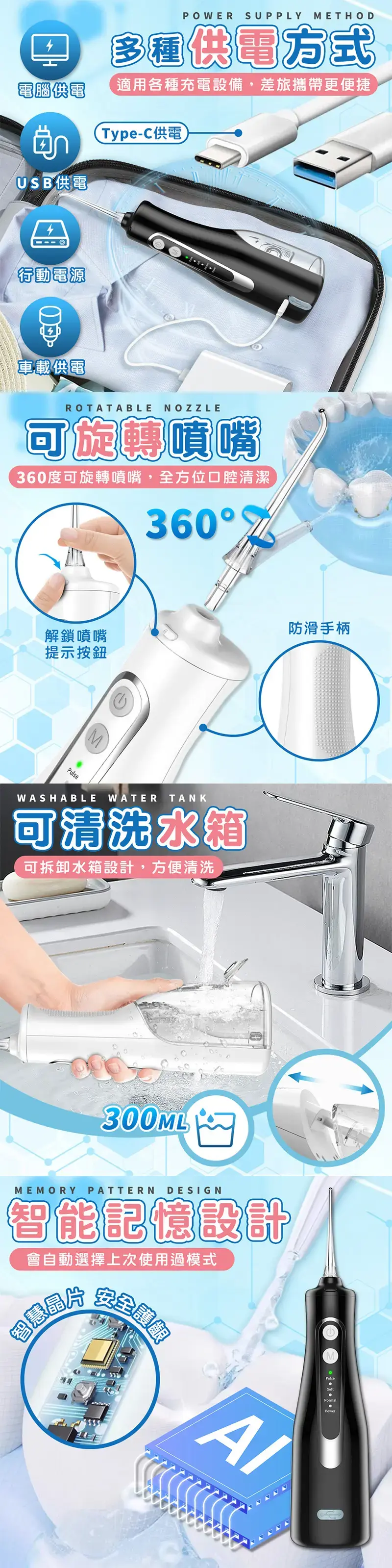 POWER SUPPLY METHOD多種供電方式電腦供電適用各種充電設備,差旅攜帶更便捷 Type-C供電USB供電行動電源連載供電ROTATABLENOZZLE可旋轉噴嘴360度可旋轉噴嘴,全方位口腔清潔360防滑手柄解鎖噴嘴提示按鈕(M)WASHABLEWATER TANK可清洗水箱可拆卸水箱設計,方便清洗300ML MEMORY PATTERNDESIGN智能記憶設計會自動選擇上次使用過模式智慧晶片安全護齦PulsePower