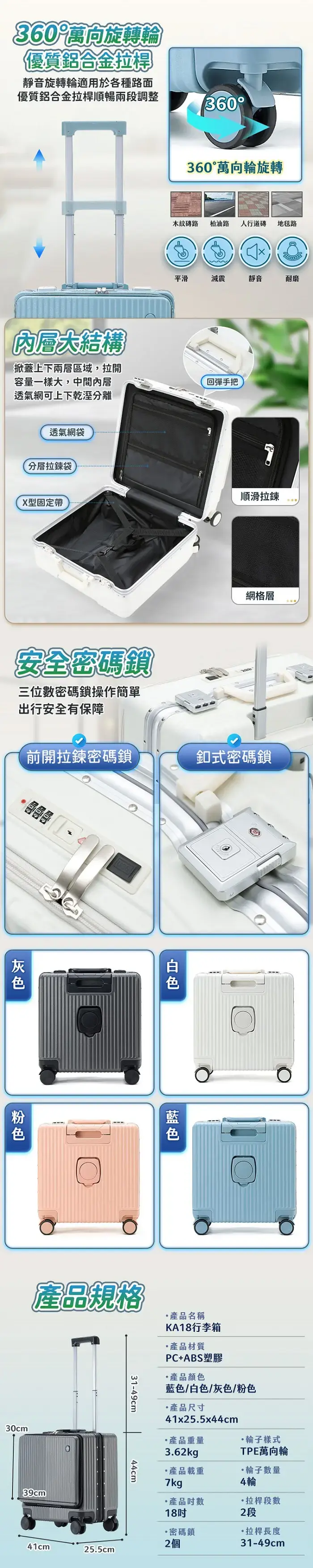 360萬向旋轉輪優質鋁合金拉桿靜音旋轉輪適用於各種路面優質鋁合金拉桿順暢兩段調整360360°萬向輪旋轉木紋路 柏油路人行道磚地毯路平滑減震靜音耐磨內層結構掀蓋上下兩層區域,拉開容量一樣大,中間內層透氣網可上下乾溼分離回彈手把透氣網袋分層拉鍊袋順滑拉鍊X型固定帶安全密碼鎖三位數密碼鎖操作簡單出行安全有保障前開拉鍊密碼鎖網格層釦式密碼鎖產品規格31-49cm44cm產品名稱KA18行李箱產品材質PC+ABS塑膠產品顏色藍色/白色/灰色/粉色產品尺寸41x25.5x44cm產品重量3.62kg®產品載重7kg輪子樣式TPE萬向輪輪子數量4輪30cm39cm產品數18拉桿段數2段·密碼鎖2個·拉桿長度31-49cm41cm25.5cm