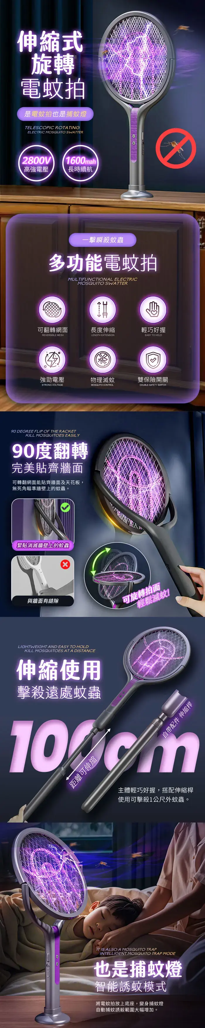 伸縮式旋轉電蚊拍是電蚊拍也是捕蚊燈TELESCOPIC ROTATINGELECTRIC MOSQUITO SWATTER2800V1600mah高強電壓長時續航一擊瞬殺蚊蟲多功能電蚊拍MULTIFUNCTIONAL ELECTRICMOSQUITO SWATTER可翻轉網面長度伸縮輕巧好握REVERSIBLE MESHLENGTH EXTENSIONEASY TO HOLD強勁電壓物理滅蚊雙保險開關STRONG VOLTAGEMOSQUITO CONTROLDOUBLE SAFETY 90 DEGREE FLIP OF THE RACKETKILL MOSQUITOES EASILY90度翻轉完美貼齊牆面可轉翻網面能貼齊牆面及天花板,無死角瞄準牆壁上的蚊蟲。緊貼消滅牆壁上的蚊蟲與牆面有縫隙可旋轉拍面輕鬆滅蚊!LIGHTWEIGHT AND EASY TO HOLDKILL MOSQUITOES AT A DISTANCE伸縮使用擊殺遠處蚊蟲自帶配件 伸縮桿10距離可伸縮主體輕巧好握,搭配伸縮桿使用可擊殺1公尺外蚊蟲。0IT IS ALSO A MOSQUITO TRAPINTELLIGENT MOSQUITO TRAP MODE也是捕蚊燈智能誘蚊模式將電蚊拍放上底座,變身捕蚊燈自動捕蚊誘殺範圍大幅增加。