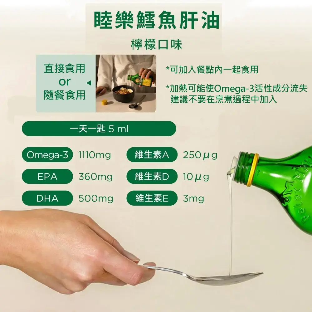 直接食用,隨餐食用,睦樂鱈魚肝油,檸檬口味,可加入餐點內一起食用,一天一匙5ml,加熱可能使Omega-3活性成分流失,建議不要在烹煮過程中加入,維生素A,250μg,維生素D,維生素E。